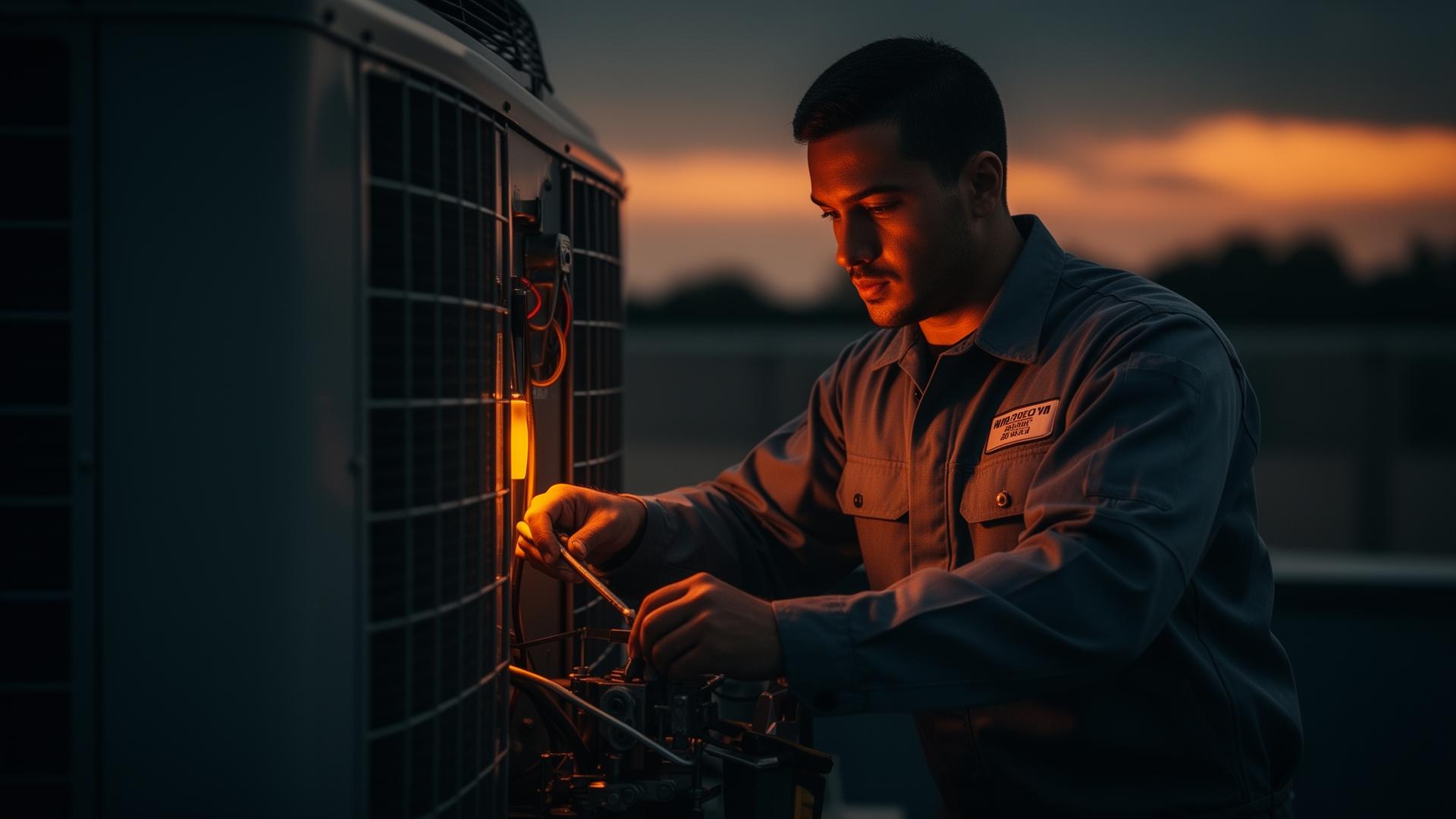 HVAC contractor at work at sunset